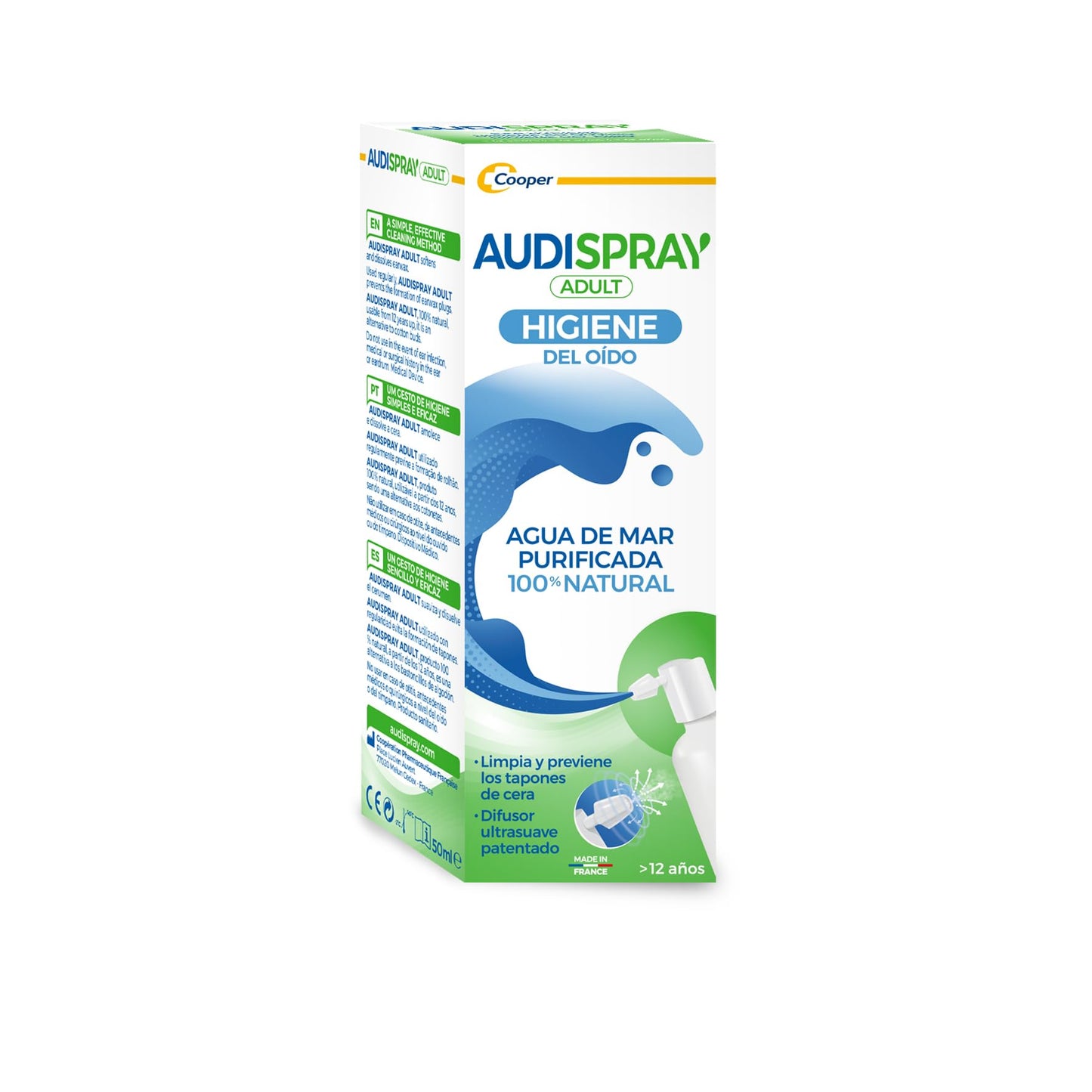 AUDISPRAY Adult para la higiene del oído diaria con 100% agua de mar purificada, Limpia y previene la formación de tapones de cera, 50 ml