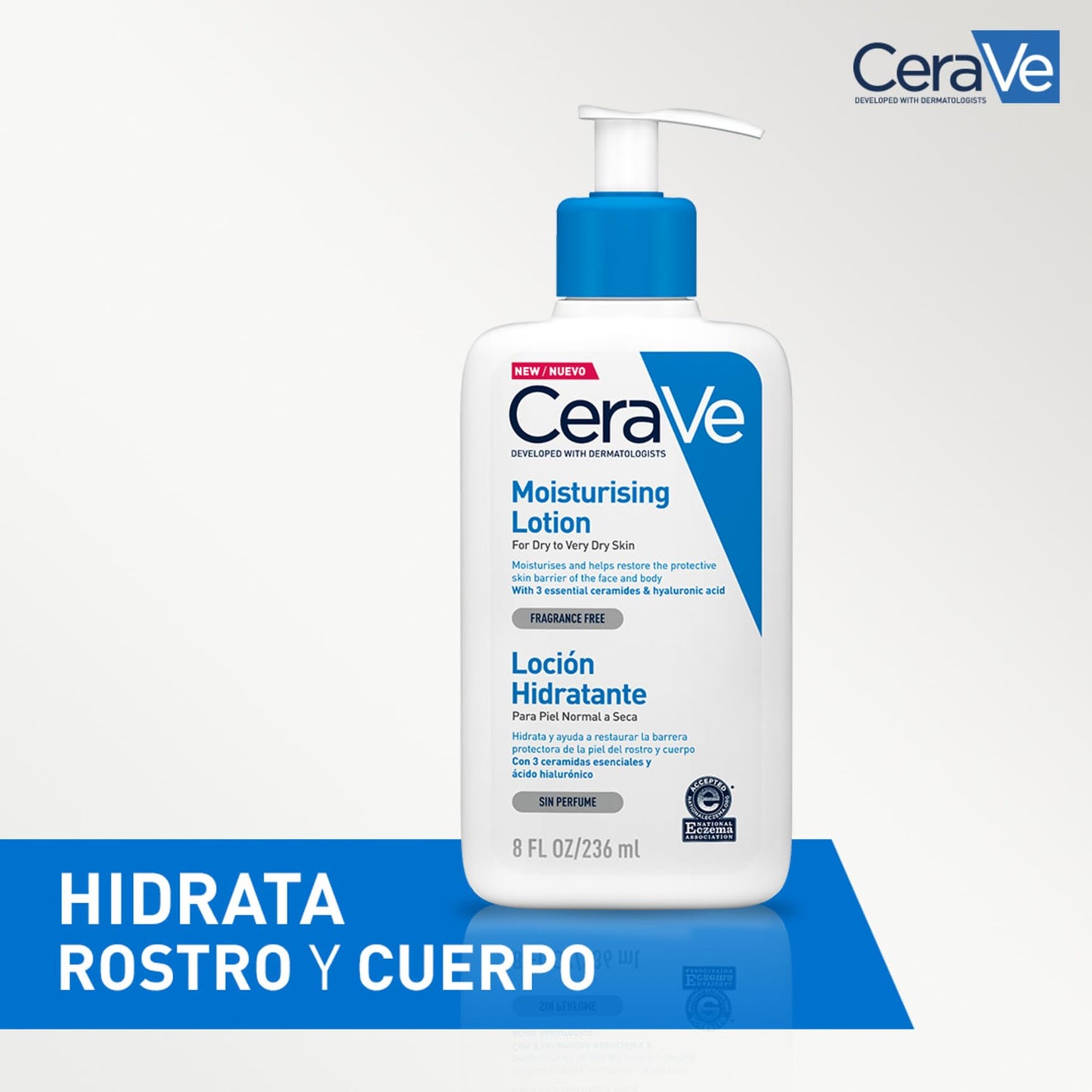 CeraVe Loción Hidratante, Para Piel Seca a muy Seca, Hidrata y Restaura la Barrera Protectora de la Piel, Con Ceramidas Esenciales y Ácido Hialurónico, Fórmula Ligera, Para Rostro y Cuerpo, 236ml