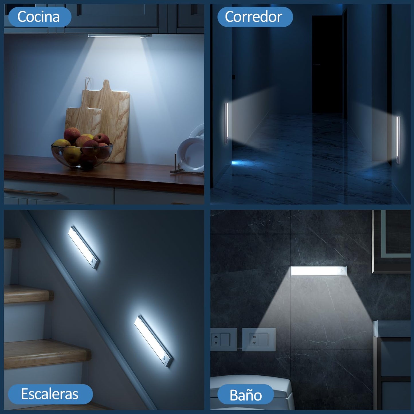 Luz LED Sensor Movimiento Cocina - Armario Luces Pilas Adhesiva Recargable Lampara sin Cables Bajo Mueble Interior Armarios Tira Lamparas Magnetica Pared Barra Light Iluminacion Inalambrica Lights USB