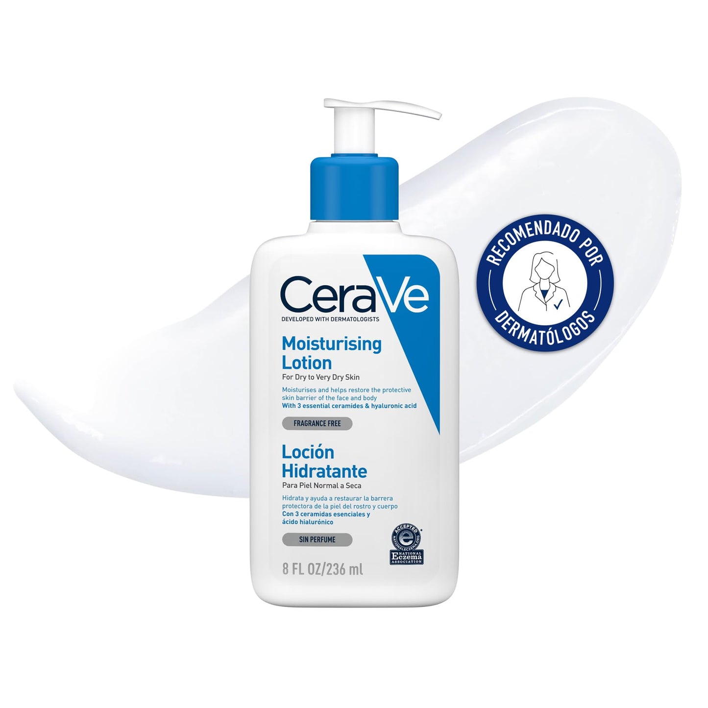 CeraVe Loción Hidratante, Para Piel Seca a muy Seca, Hidrata y Restaura la Barrera Protectora de la Piel, Con Ceramidas Esenciales y Ácido Hialurónico, Fórmula Ligera, Para Rostro y Cuerpo, 236ml