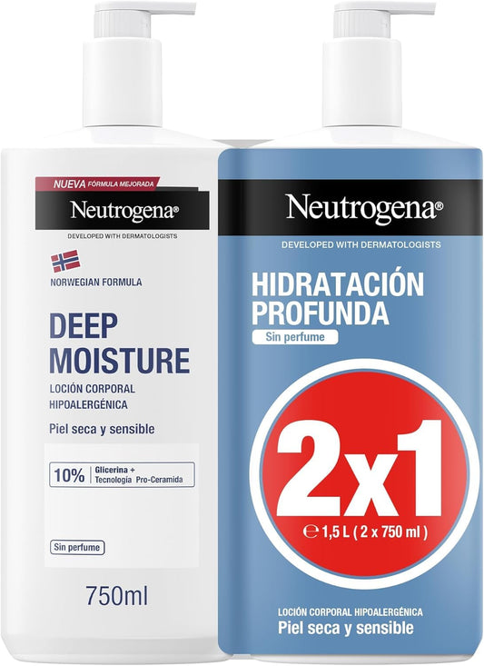 Neutrogena Fórmula Noruega Hidratación Profunda Loción Corporal Hipoalergénica (Pack de 2 X 750 ml), crema hidratante corporal para piel seca y sensible con tecnología Pro Ceramida y Glicerina