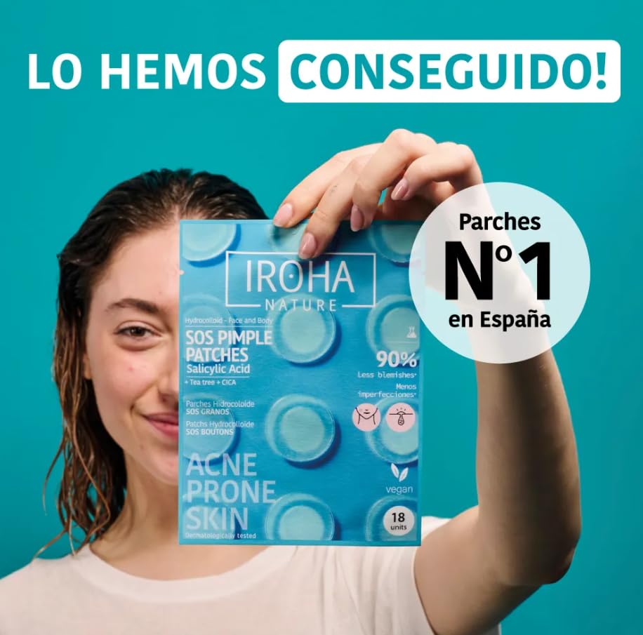 Iroha Nature - Parches para Granos con Ácido Salicílico, Árbol de Té y Centella Asiática, reduce los granos en 8h. Parches para acné (18 unidades).