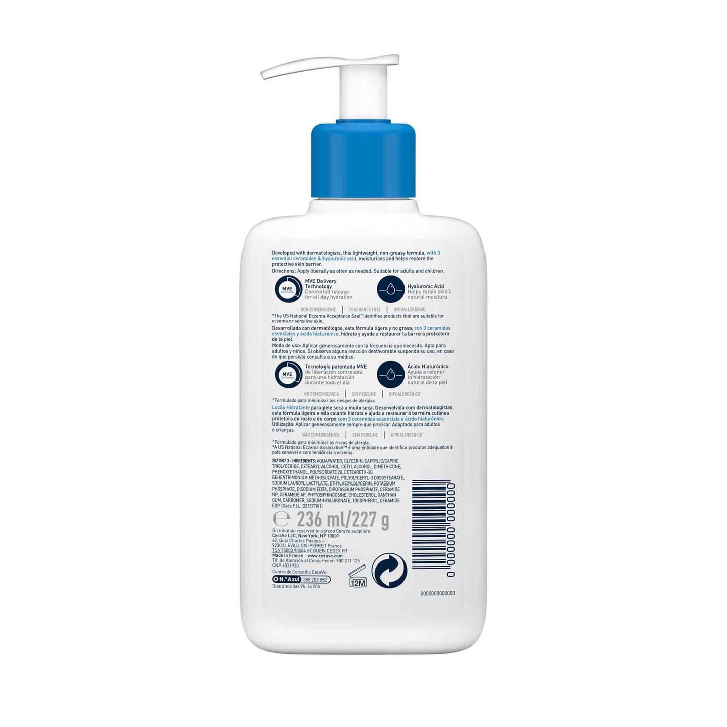 CeraVe Loción Hidratante, Para Piel Seca a muy Seca, Hidrata y Restaura la Barrera Protectora de la Piel, Con Ceramidas Esenciales y Ácido Hialurónico, Fórmula Ligera, Para Rostro y Cuerpo, 236ml