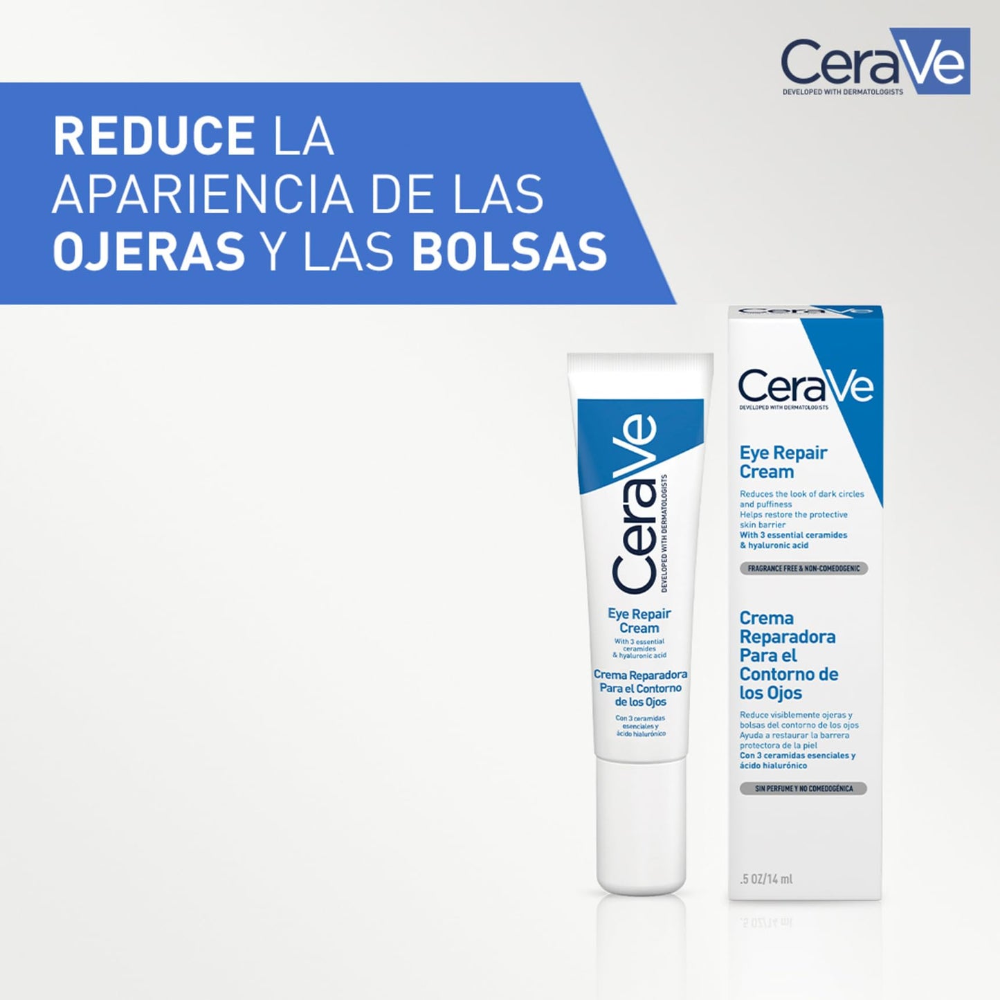 CeraVe Crema Reparadora Contorno de Ojos, Para Todo Tipo de Pieles, Reducción de Ojeras y Bolsas, Enriquecida con Ácido Hialurónico y Niacinamida, 14ml