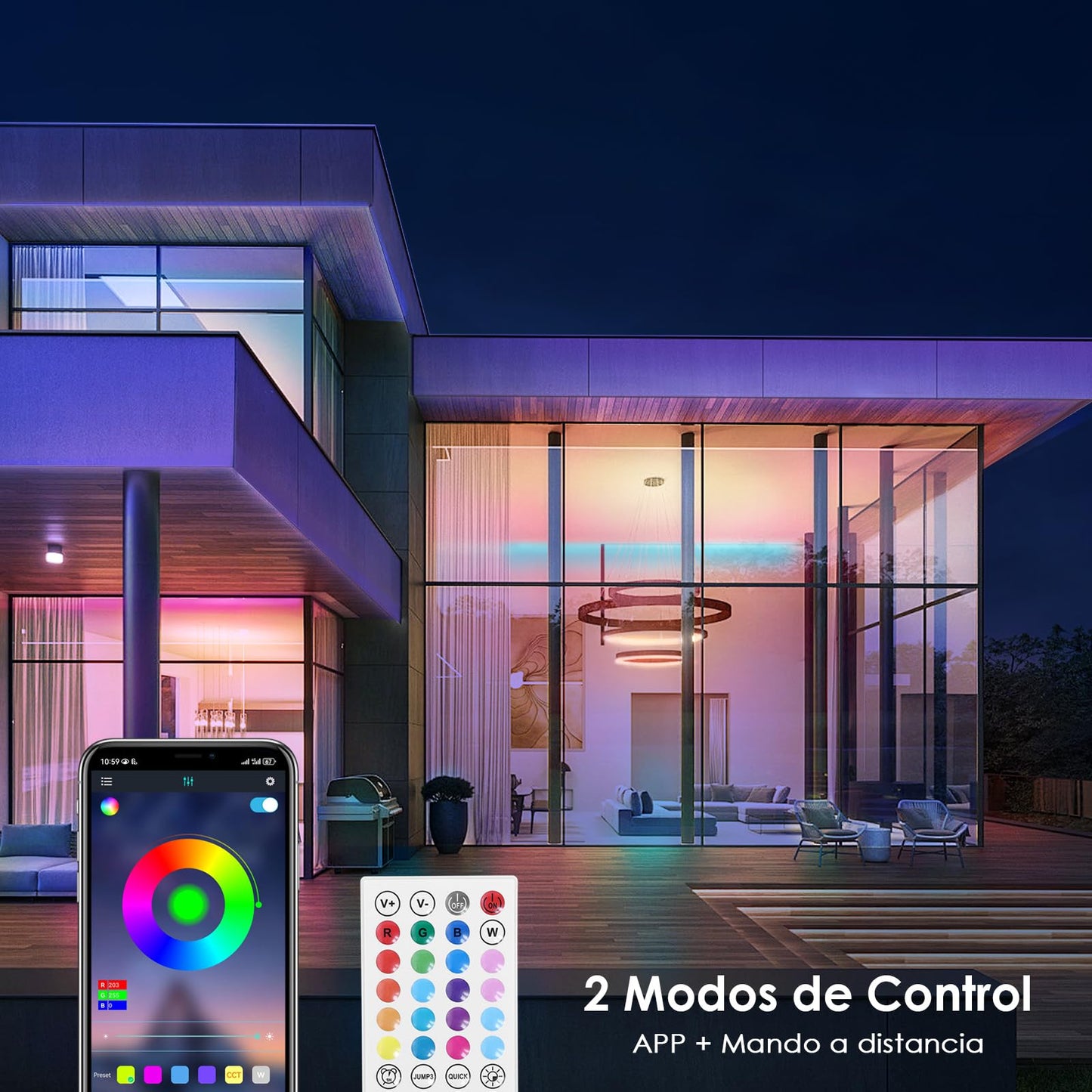 HOVVIDA Tira LED 5M, 30 LED/Metro, 24V RGB Luces LED, 150 LED, APP y Mando a distancia, Modo de Música, LED para Habitación, Sala, Cocina, Dormitorio, Bar, Fiesta