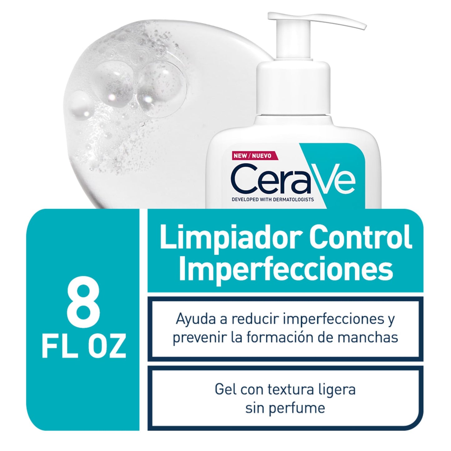 CeraVe Gel Limpiador Control Imperfecciones, Para Piel con Tendencia Acneica y Grasa, Reduce el Acné, los Puntos Negros y Mejora los Poros, Tratamiento en Gel con Ácido Salicílico, 236ml